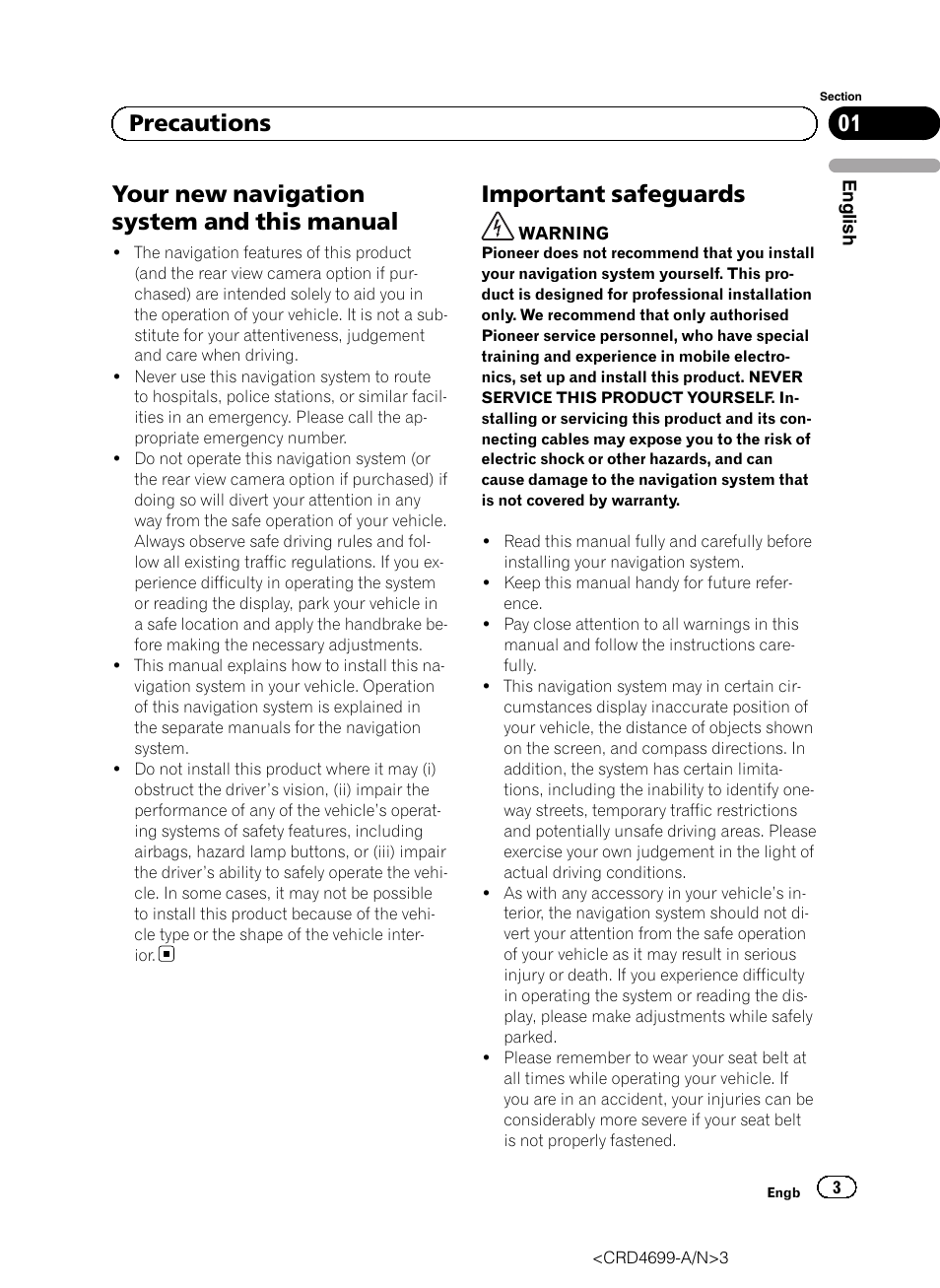 Precautions, Your new navigation system and this, Manual | Important safeguards, Your new navigation system and this manual, 01 precautions | Pioneer AVIC-F50BT User Manual | Page 3 / 168