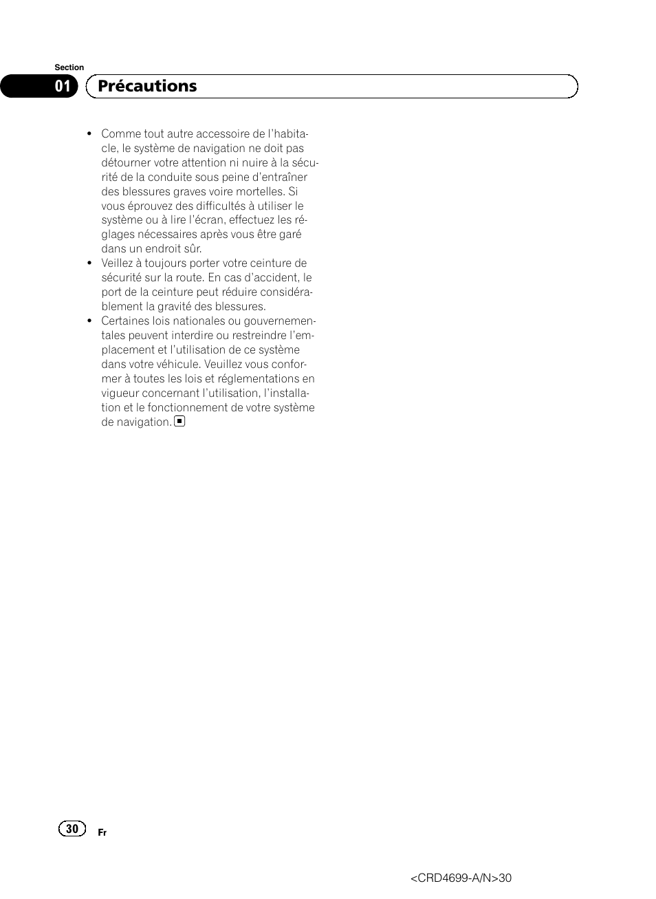 01 précautions | Pioneer AVIC-F50BT User Manual | Page 30 / 168