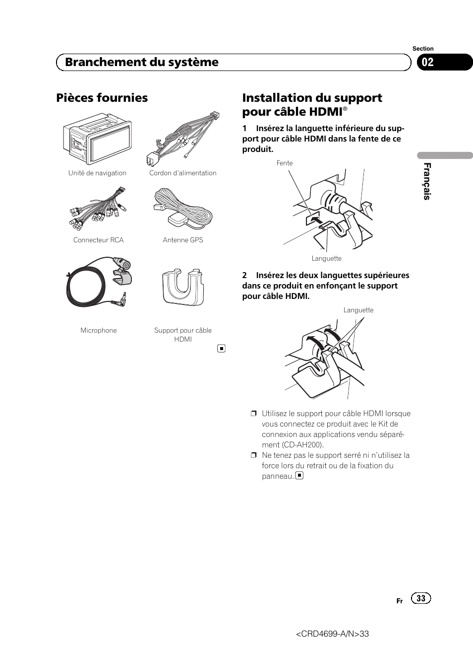 Pièces fournies, Installation du support pour câble, Hdmi | Installation du support pour câble hdmi, 02 branchement du système | Pioneer AVIC-F50BT User Manual | Page 33 / 168