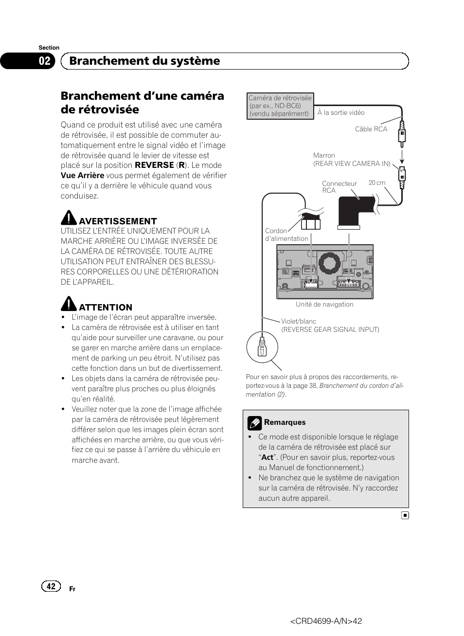 Branchement d, Une caméra de, Rétrovisée | Branchement d ’une caméra de rétrovisée, 02 branchement du système | Pioneer AVIC-F50BT User Manual | Page 42 / 168