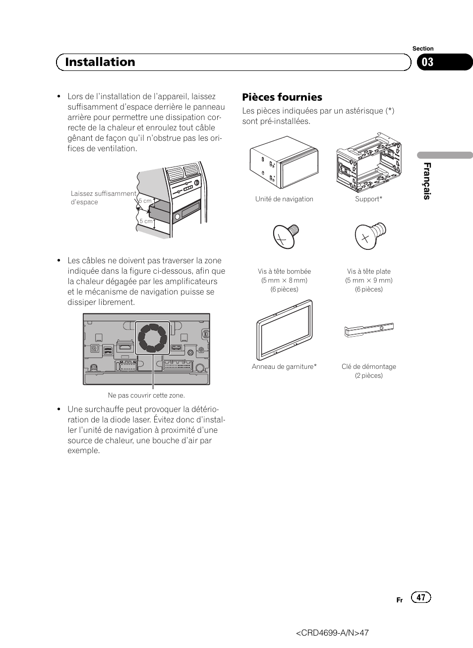 Pièces fournies 47, 03 installation, Pièces fournies | Pioneer AVIC-F50BT User Manual | Page 47 / 168