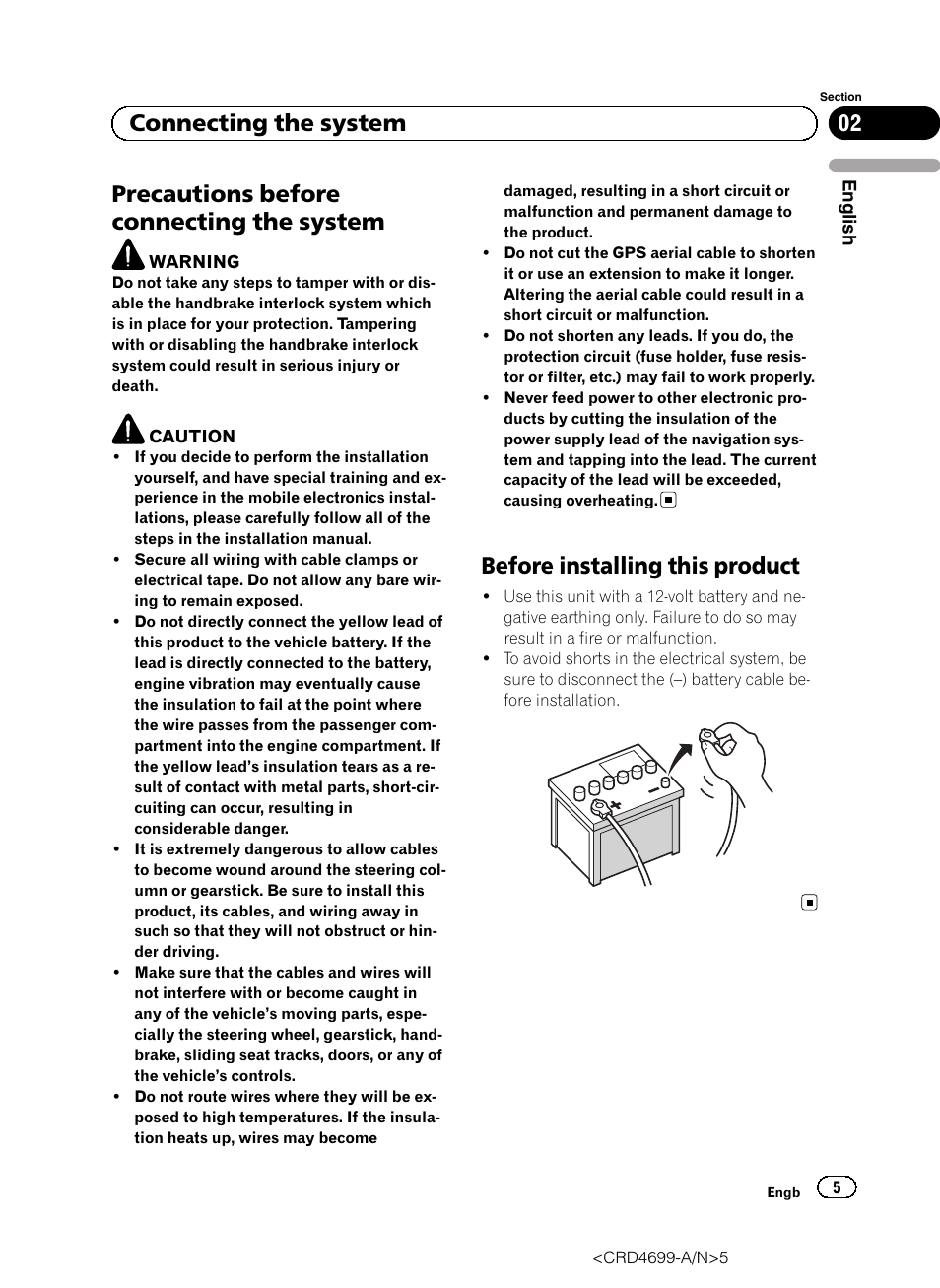 System, Before installing this product, Precautions before connecting the system | 02 connecting the system | Pioneer AVIC-F50BT User Manual | Page 5 / 168
