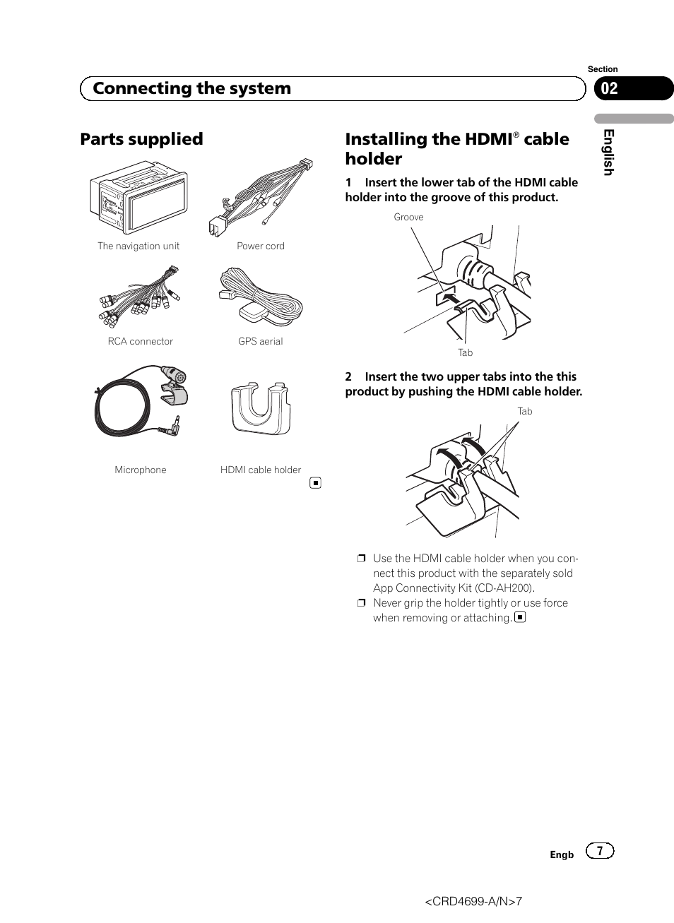Parts supplied, Installing the hdmi, Cable holder | 02 connecting the system | Pioneer AVIC-F50BT User Manual | Page 7 / 168