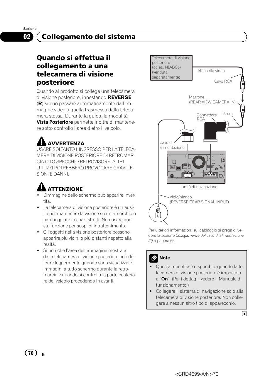 Quando si effettua il collegamento a una, Telecamera di visione posteriore, 02 collegamento del sistema | Pioneer AVIC-F50BT User Manual | Page 70 / 168