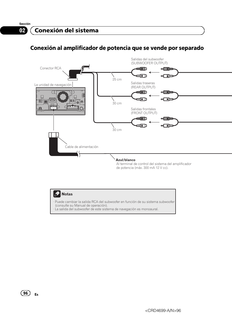 Conexión al amplificador de potencia que se, Vende por separado, 02 conexión del sistema | Pioneer AVIC-F50BT User Manual | Page 96 / 168