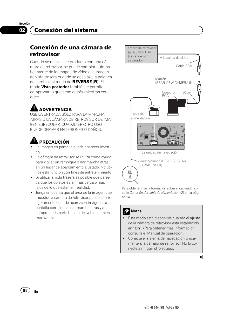 Conexión de una cámara de retrovisor, 02 conexión del sistema | Pioneer AVIC-F50BT User Manual | Page 98 / 168