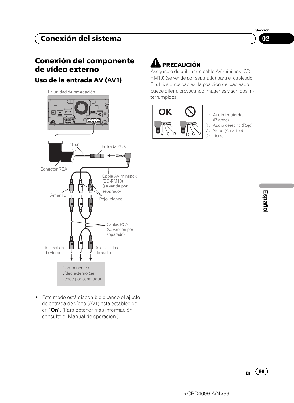 Conexión del componente de vídeo, Externo, Uso de la entrada av (av1) 99 | Conexión del componente de vídeo externo, 02 conexión del sistema, Uso de la entrada av (av1) | Pioneer AVIC-F50BT User Manual | Page 99 / 168