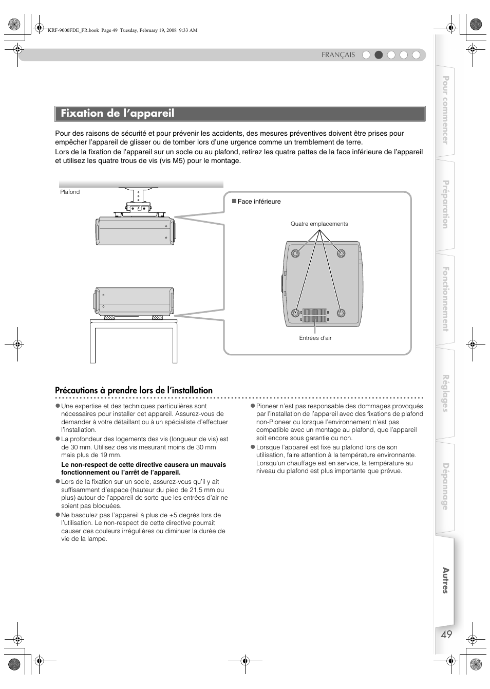 Fixation de l’appareil | Pioneer KRF-9000FD User Manual | Page 101 / 259