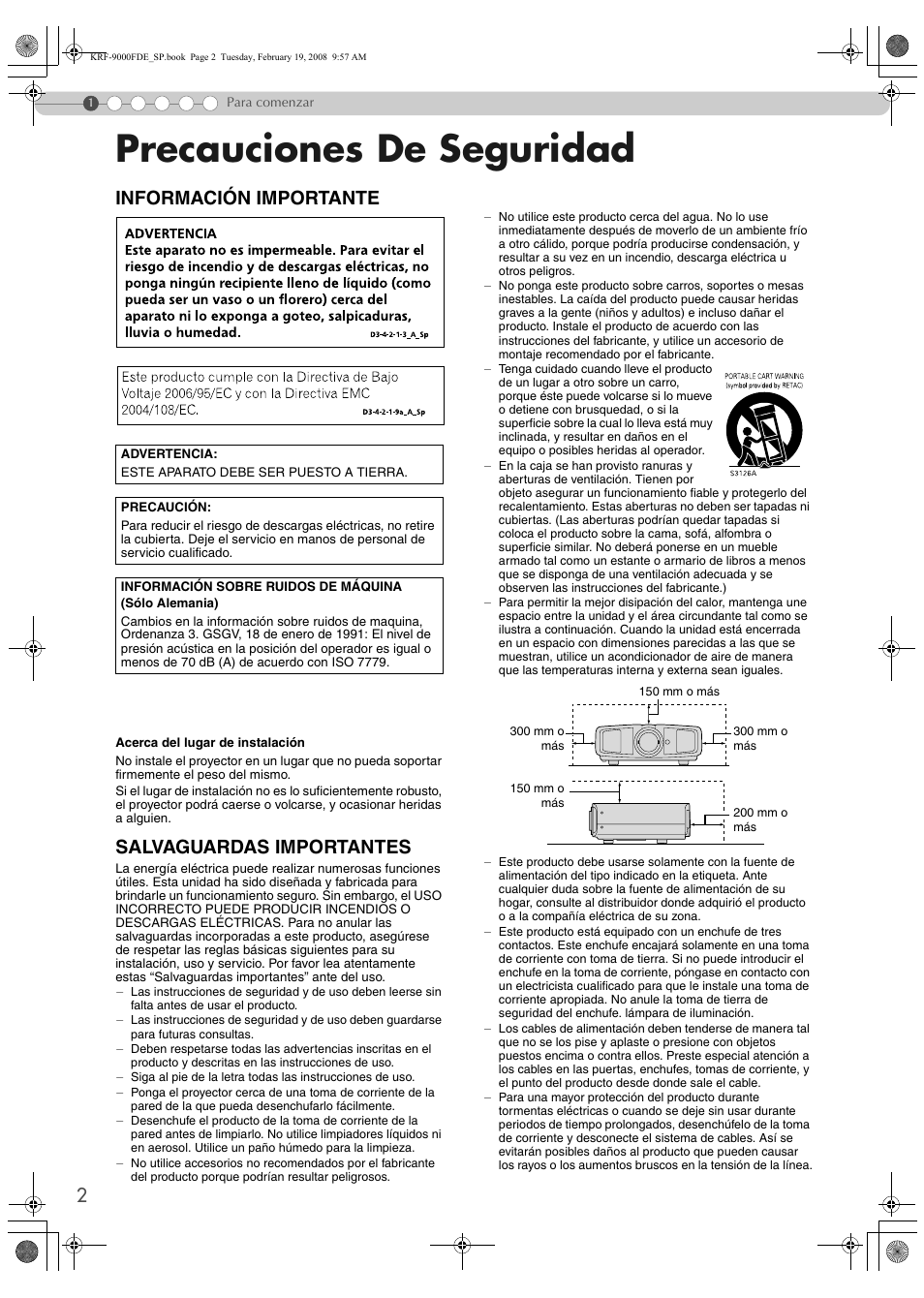 Para comenzar, Precauciones de seguridad, Información importante | Salvaguardas importantes | Pioneer KRF-9000FD User Manual | Page 106 / 259