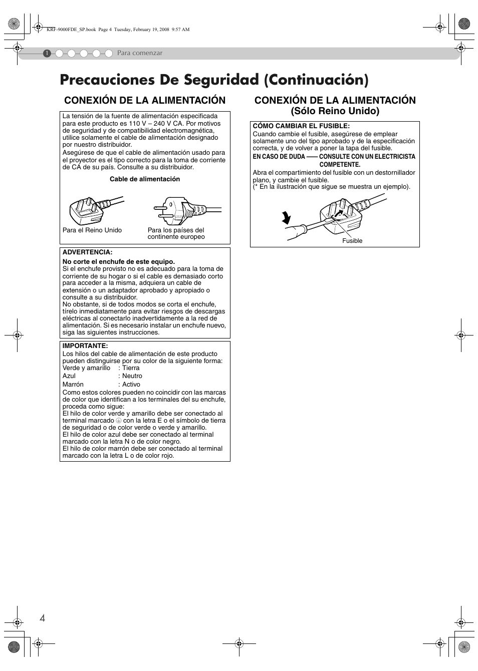 Precauciones de seguridad (continuación), Conexión de la alimentación, Conexión de la alimentación (sólo reino unido) | Pioneer KRF-9000FD User Manual | Page 108 / 259