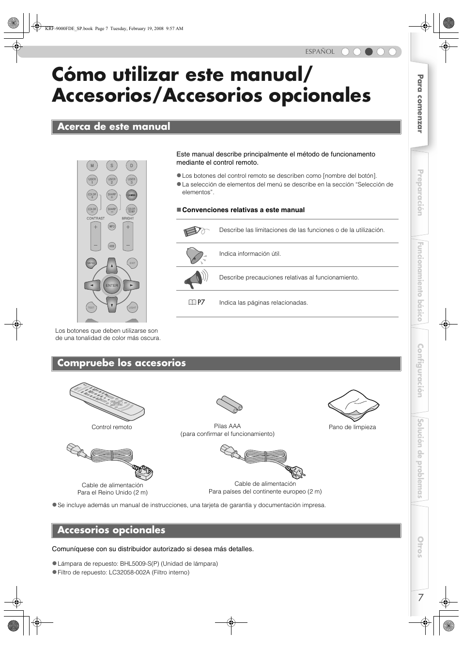 Acerca de este manual, Compruebe los accesorios, Accesorios opcionales | Cómo utilizar este manual, Accesorios/accesorios opcionales, Compruebe los accesorios accesorios opcionales | Pioneer KRF-9000FD User Manual | Page 111 / 259