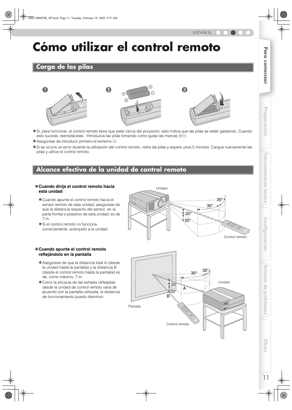 Cómo utilizar el control remoto, Carga de las pilas, Alcance efectivo de la unidad de control remoto | Sensor remoto (p, P11) | Pioneer KRF-9000FD User Manual | Page 115 / 259