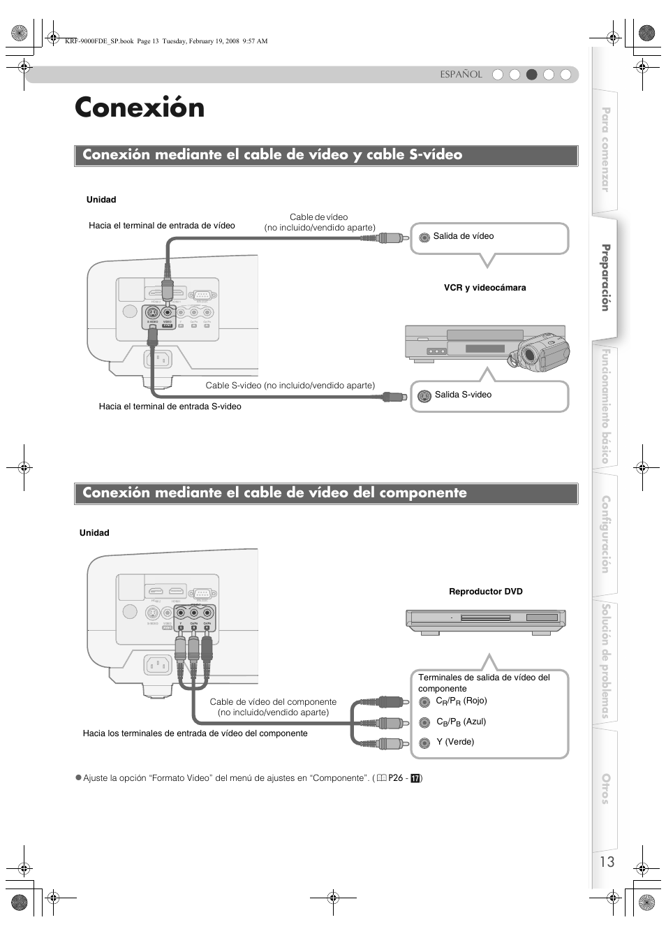 Conexión, Conexión mediante el cable de vídeo del componente, O (p | P13), Español | Pioneer KRF-9000FD User Manual | Page 117 / 259