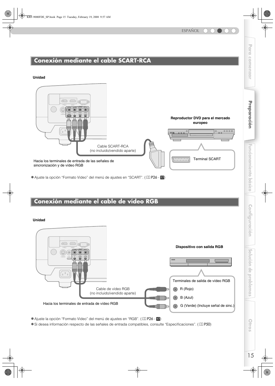 Conexión mediante el cable scart-rca, Conexión mediante el cable de vídeo rgb, Español z | Pioneer KRF-9000FD User Manual | Page 119 / 259