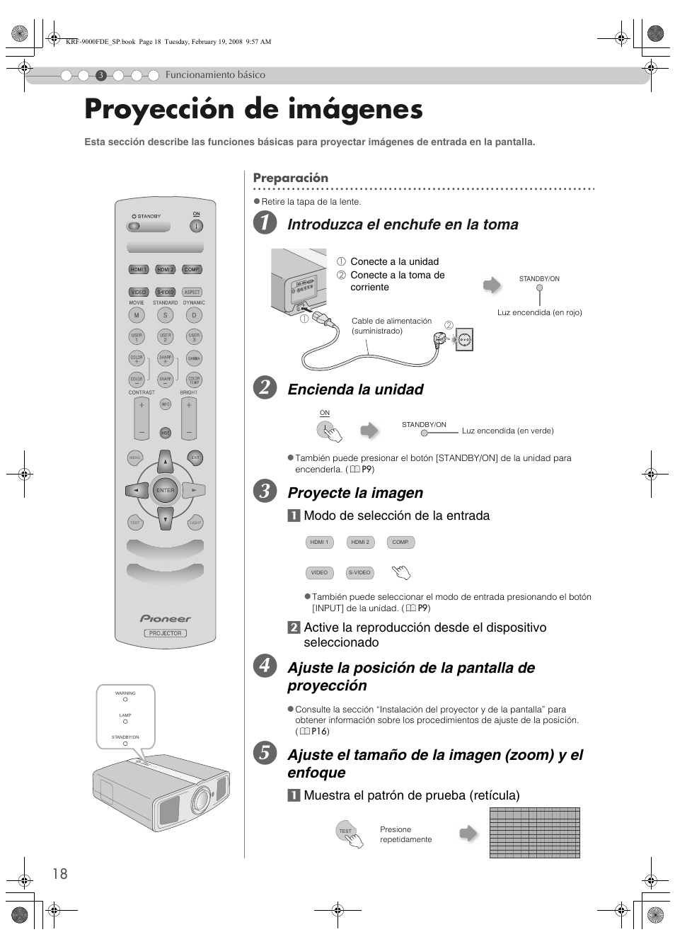Funcionamiento básico, Proyección de imágenes, Nami | Ento bás, P18), Ue. (p, Introduzca el enchufe en la toma, Encienda la unidad, Proyecte la imagen, Ajuste la posición de la pantalla de proyección | Pioneer KRF-9000FD User Manual | Page 122 / 259
