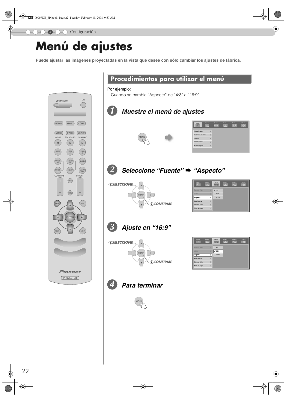 Configuración, Menú de ajustes, Procedimientos para utilizar el menú | Rac ión, P22), Muestre el menú de ajustes, Seleccione “fuente” g “aspecto, Ajuste en “16:9, Para terminar | Pioneer KRF-9000FD User Manual | Page 126 / 259