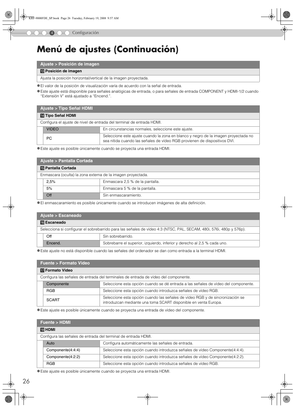 Ón “formato video, Menú de ajustes (continuación) | Pioneer KRF-9000FD User Manual | Page 130 / 259