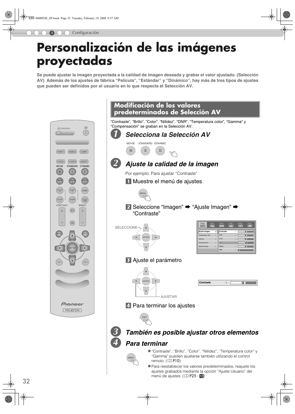 Personalización de las imágenes proyectadas, Modificación de los valores, Predeterminados de selección av | P32), Av. (p, Selecciona la selección av, Ajuste la calidad de la imagen, También es posible ajustar otros elementos, Para terminar | Pioneer KRF-9000FD User Manual | Page 136 / 259