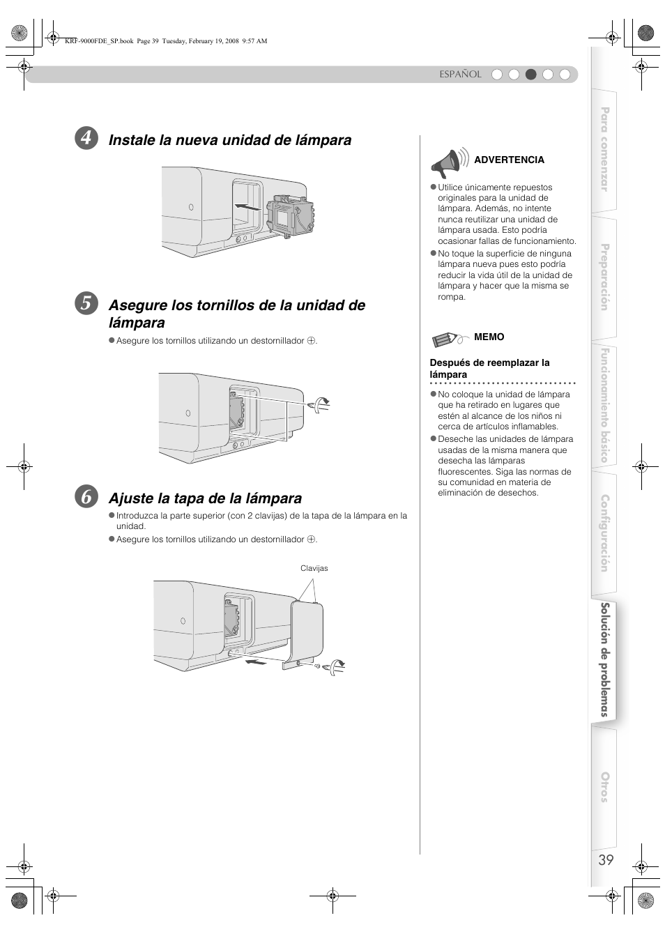 Pp39, Instale la nueva unidad de lámpara, Asegure los tornillos de la unidad de lámpara | Ajuste la tapa de la lámpara | Pioneer KRF-9000FD User Manual | Page 143 / 259