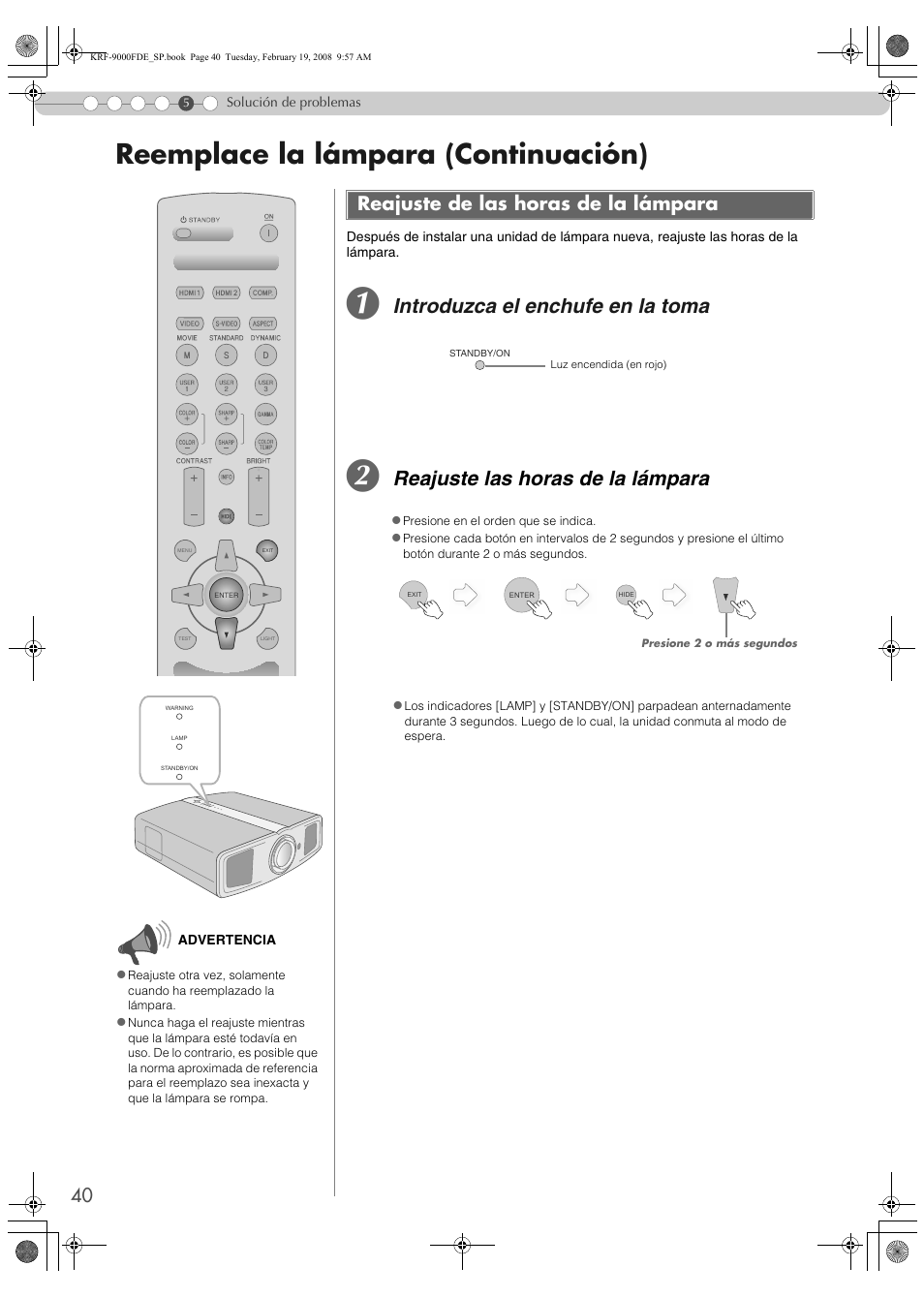 Reajuste de las horas de la lámpara, Reemplace la lámpara (continuación), Introduzca el enchufe en la toma | Reajuste las horas de la lámpara | Pioneer KRF-9000FD User Manual | Page 144 / 259