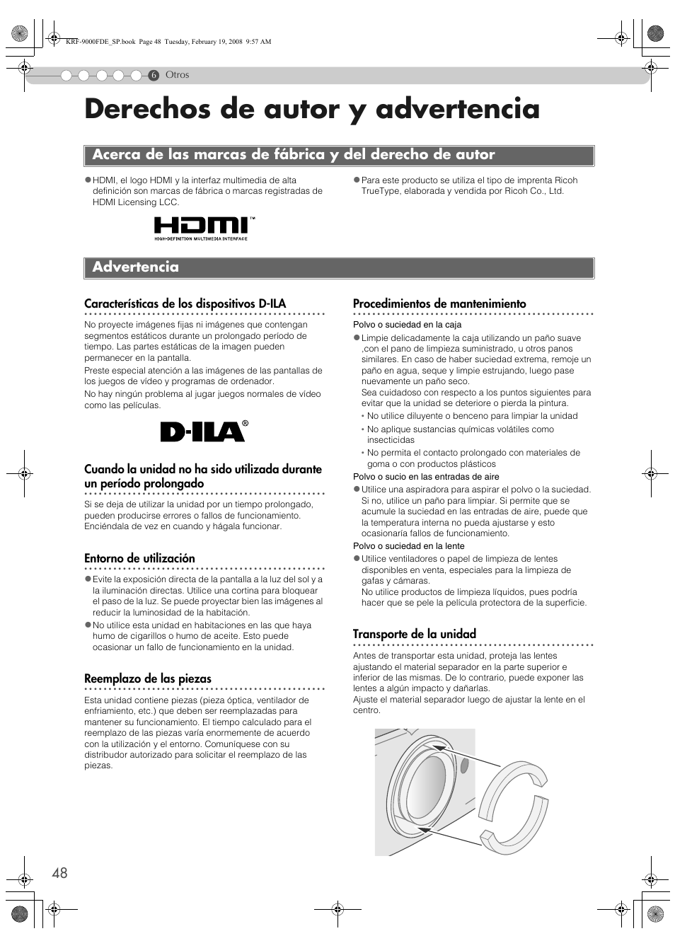 Derechos de autor y advertencia, Advertencia, Acerca de las marcas de fábrica y del derecho | De autor, Riormente. (p, P48) | Pioneer KRF-9000FD User Manual | Page 152 / 259