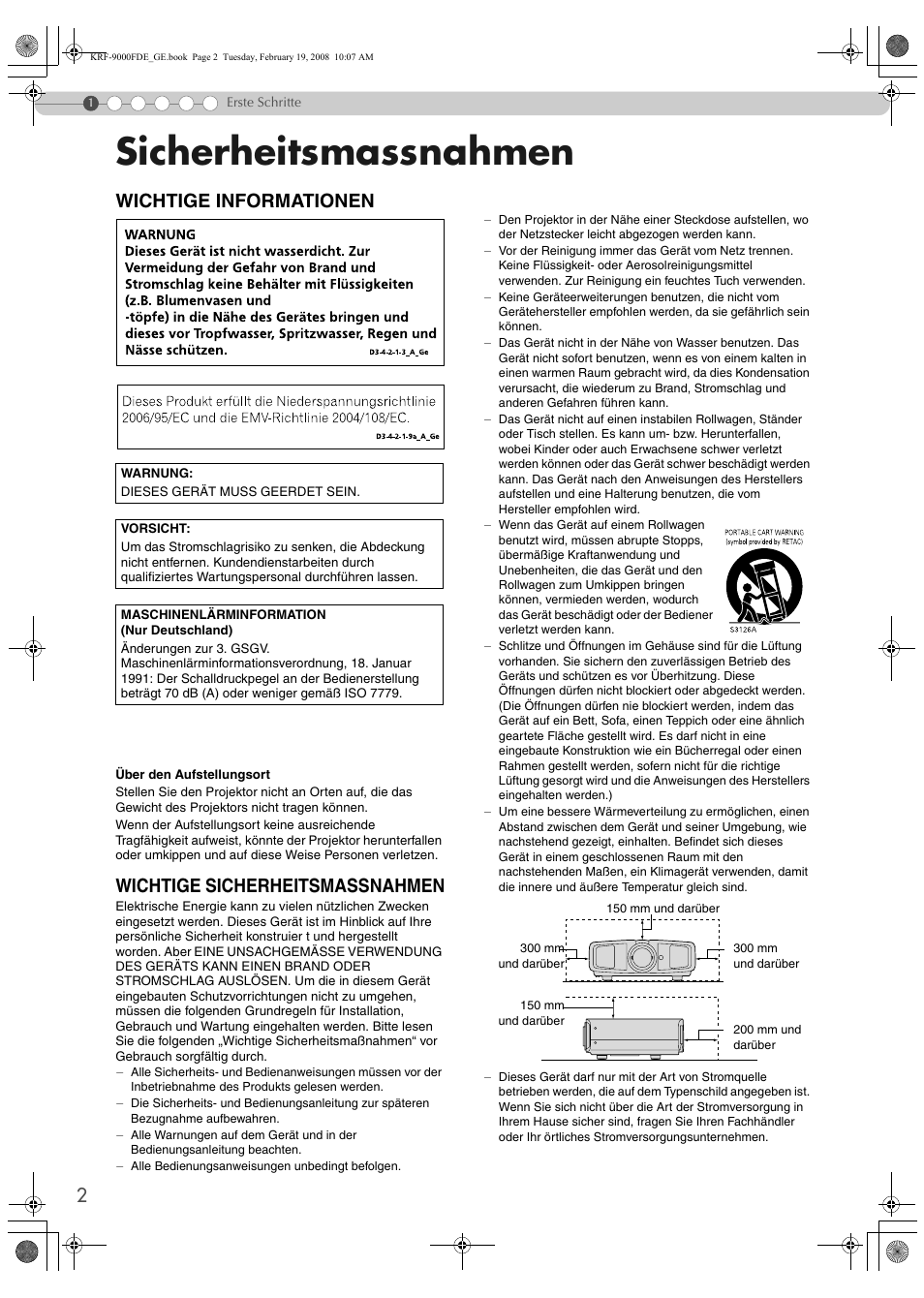Erste schritte, Sicherheitsmassnahmen, Wichtige informationen | Wichtige sicherheitsmassnahmen | Pioneer KRF-9000FD User Manual | Page 158 / 259