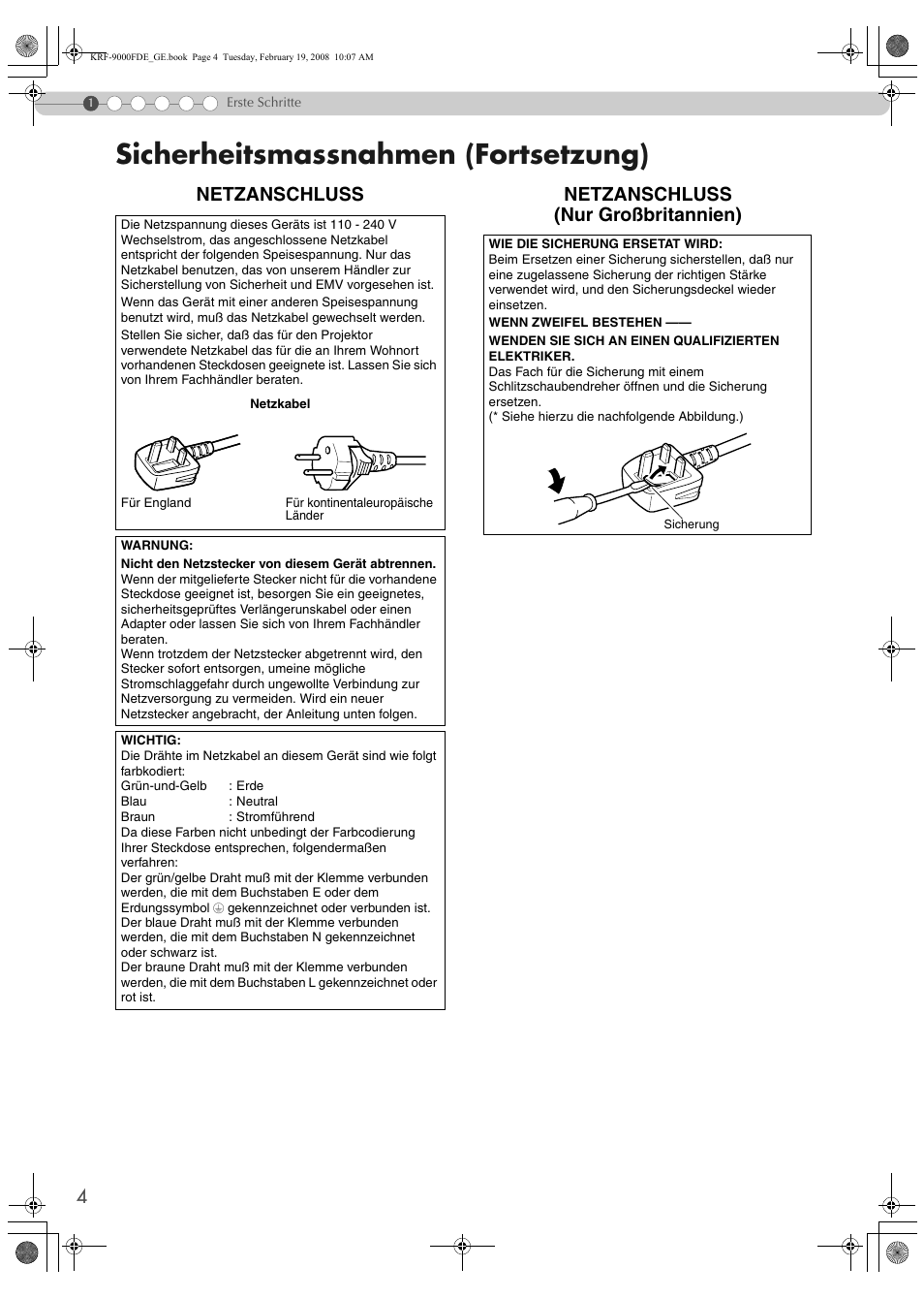 Sicherheitsmassnahmen (fortsetzung), Netzanschluss, Netzanschluss (nur großbritannien) | Pioneer KRF-9000FD User Manual | Page 160 / 259