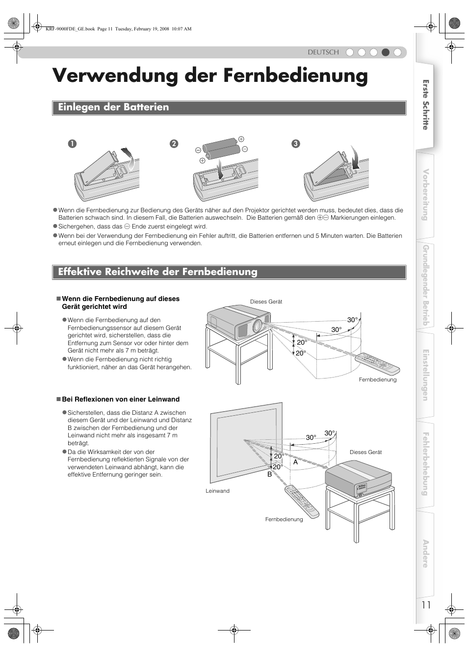 Verwendung der fernbedienung, Einlegen der batterien, Effektive reichweite der fernbedienung | Or (p, S11) | Pioneer KRF-9000FD User Manual | Page 167 / 259