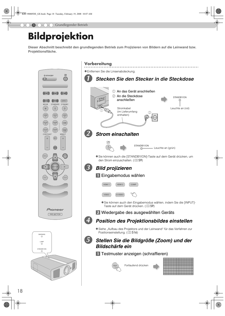 Grundlegender betrieb, Bildprojektion, Dlegender betri | Nung. (p, S18), Anschluss des stromkabels (p, Schärfe. (p, Stecken sie den stecker in die steckdose, Strom einschalten, Bild projizieren | Pioneer KRF-9000FD User Manual | Page 174 / 259