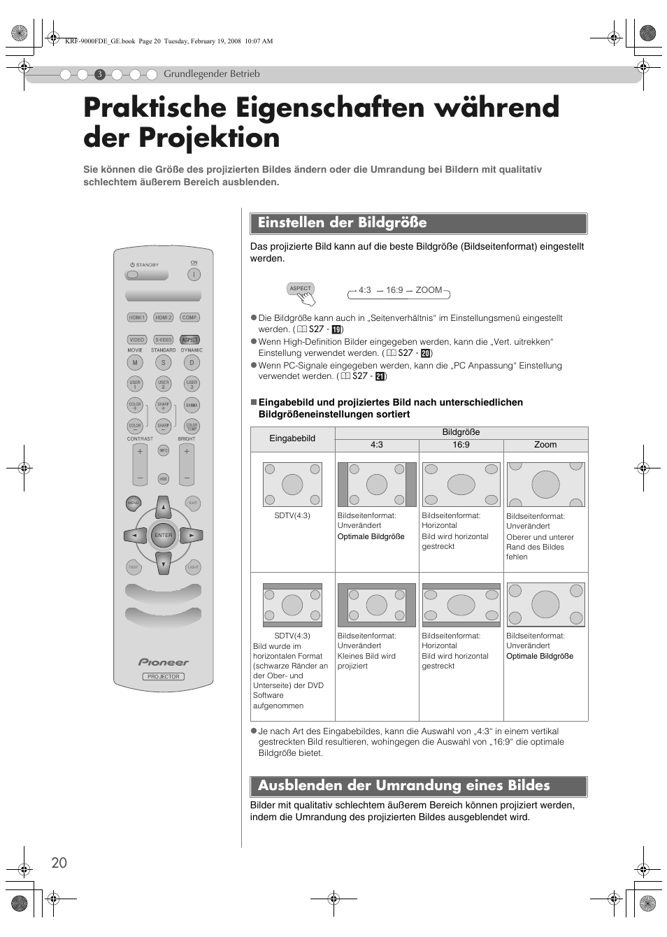 Praktische eigenschaften während der projektion, Einstellen der bildgröße, Ausblenden der umrandung eines bildes | S20) | Pioneer KRF-9000FD User Manual | Page 176 / 259