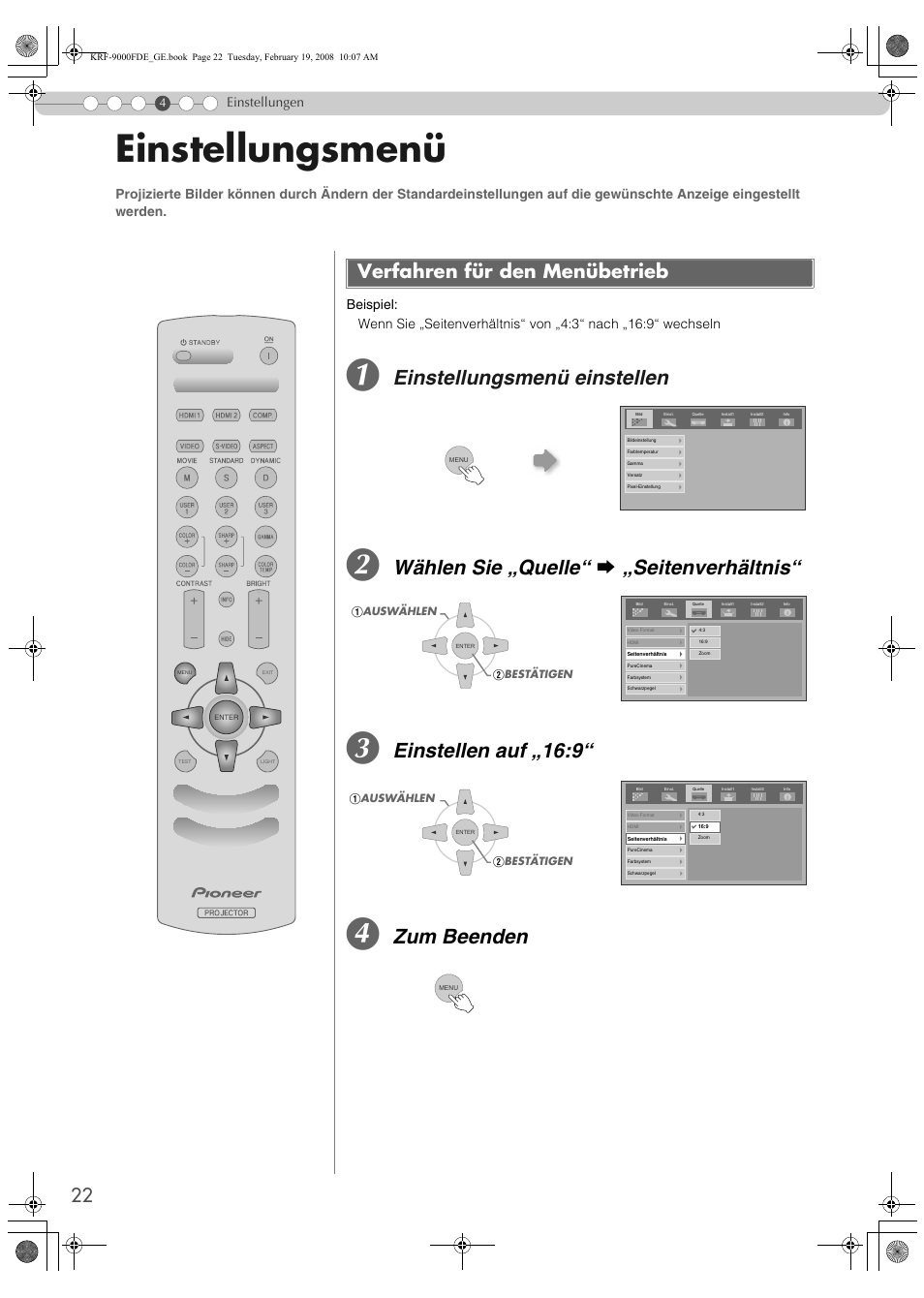 Einstellungen, Einstellungsmenü, Verfahren für den menübetrieb | S22), Einstellungsmenü einstellen, Wählen sie „quelle“ g „seitenverhältnis, Einstellen auf „16:9, Zum beenden | Pioneer KRF-9000FD User Manual | Page 178 / 259