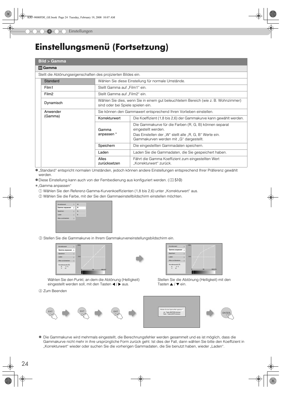 Einstellungsmenü (fortsetzung), Einstellungen z, Bild > gamma | Pioneer KRF-9000FD User Manual | Page 180 / 259