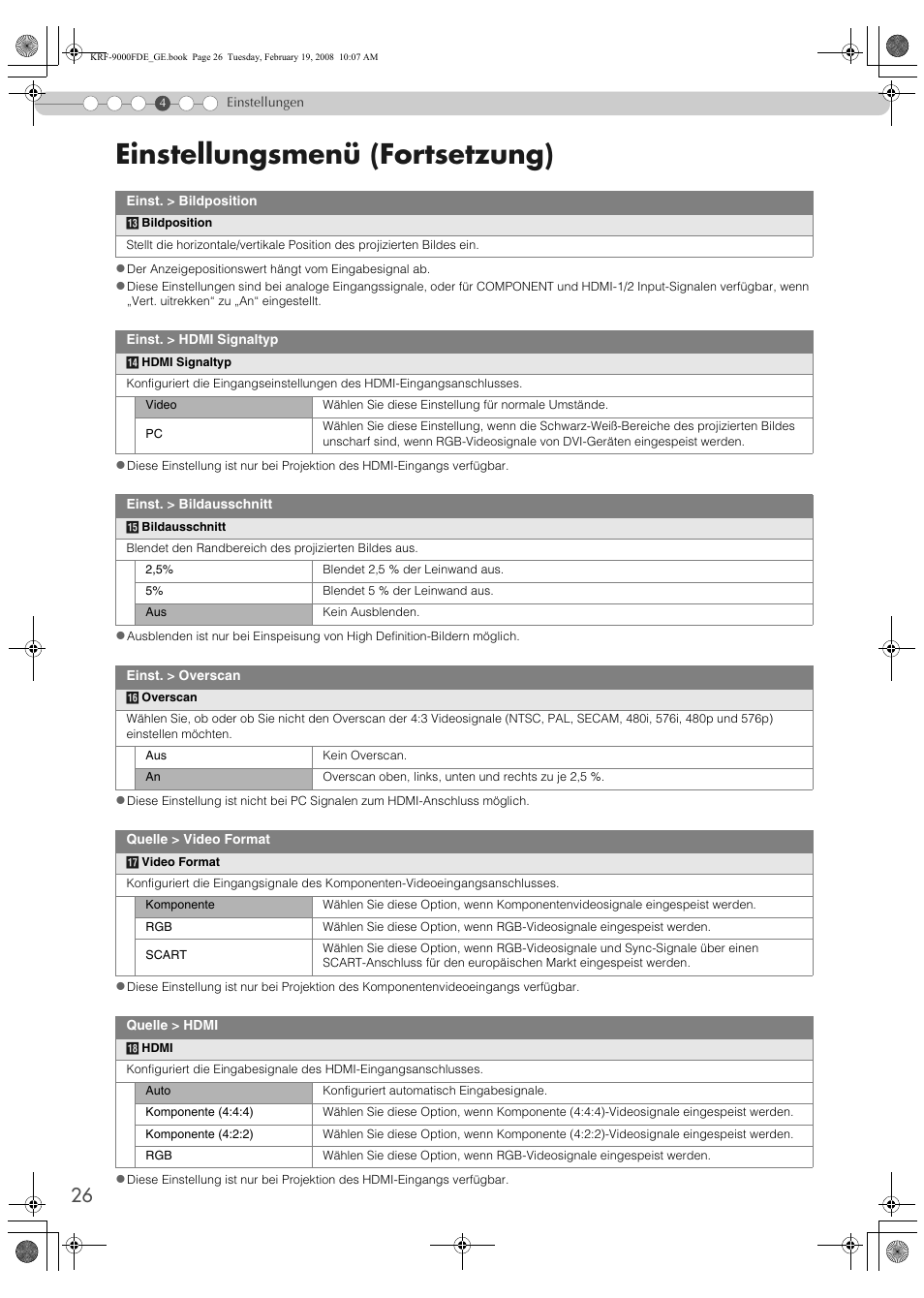 Video format, Einstellungsmenü (fortsetzung) | Pioneer KRF-9000FD User Manual | Page 182 / 259