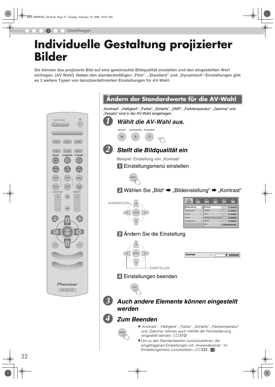 Individuelle gestaltung projizierter bilder, Ändern der standardwerte für die av-wahl, S32) | Wählt die av-wahl aus, Stellt die bildqualität ein, Auch andere elemente können eingestellt werden, Zum beenden | Pioneer KRF-9000FD User Manual | Page 188 / 259