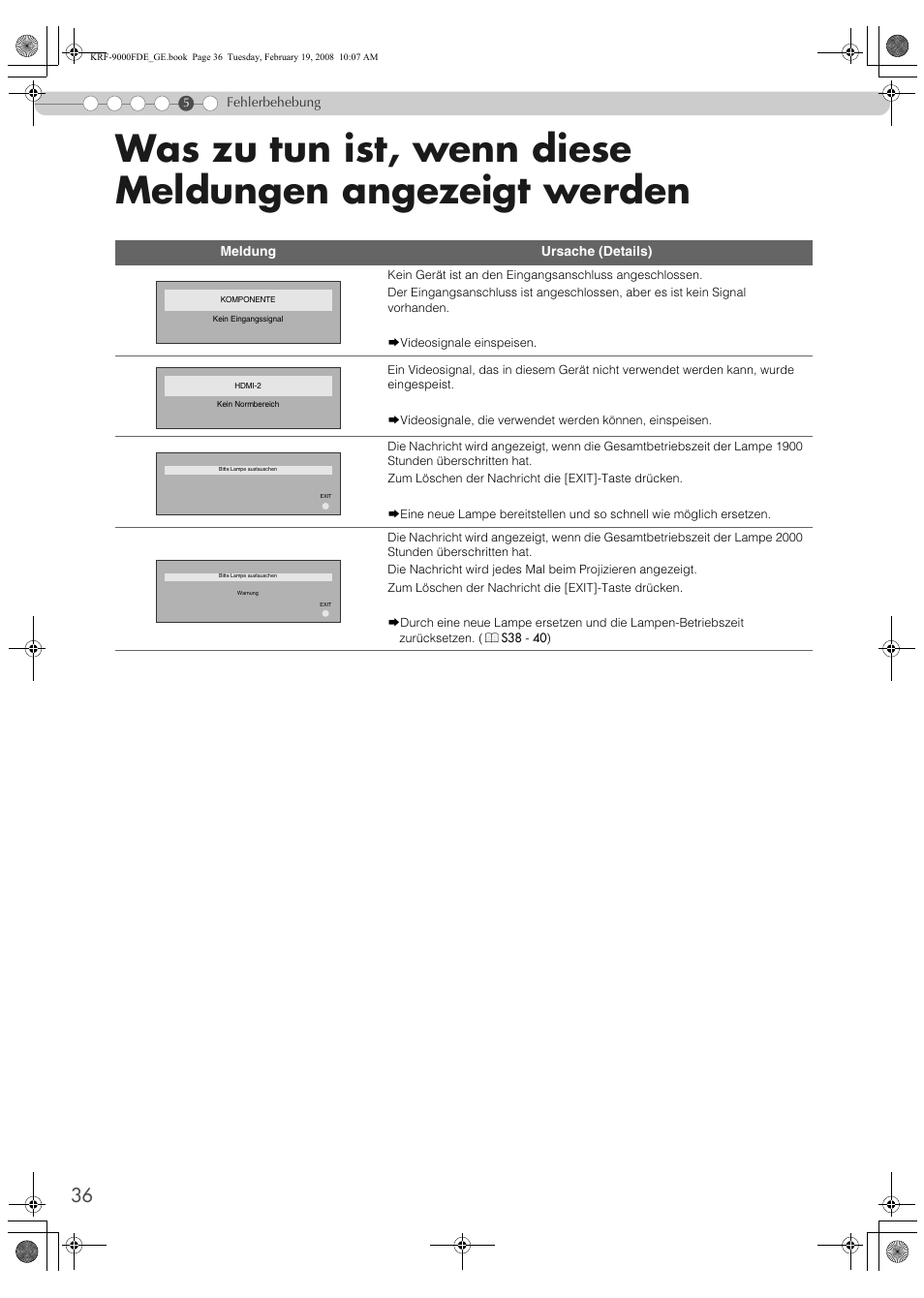 Was zu tun ist, wenn diese meldungen, Angezeigt werden | Pioneer KRF-9000FD User Manual | Page 192 / 259