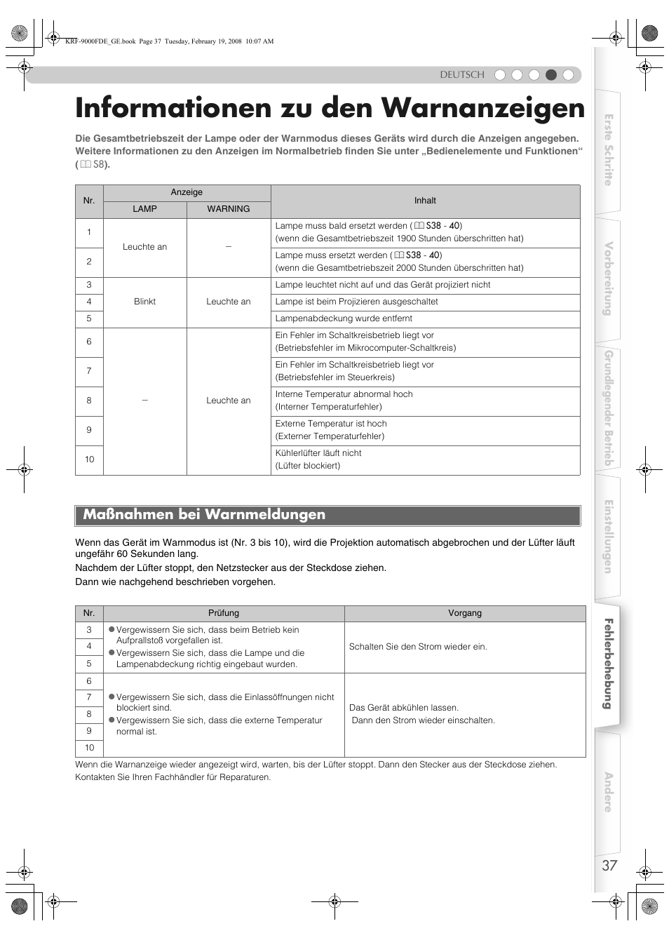 Informationen zu den warnanzeigen, Maßnahmen bei warnmeldungen, S (p | S37), G (p | Pioneer KRF-9000FD User Manual | Page 193 / 259