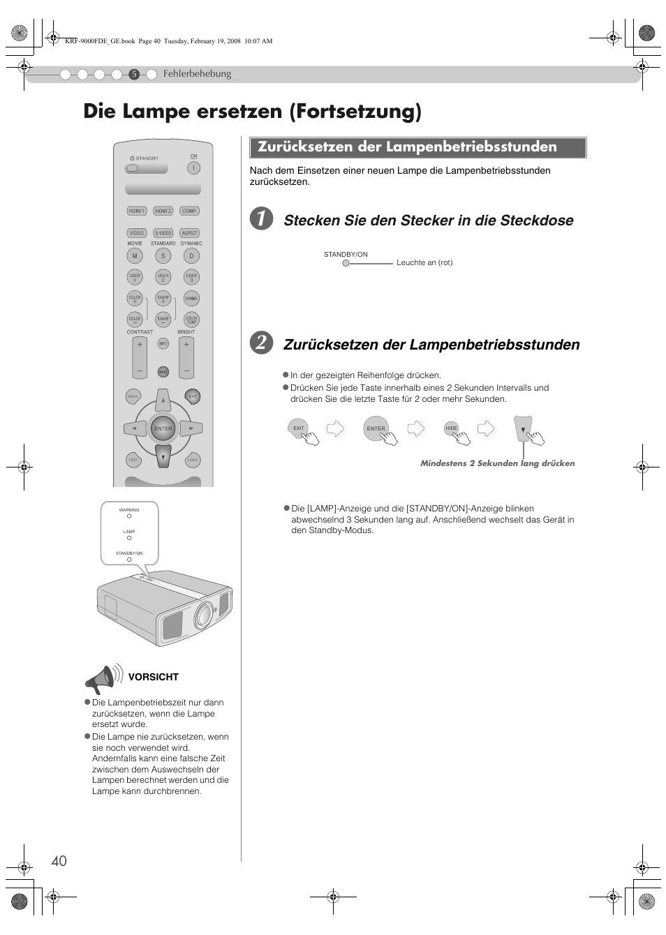 Zurücksetzen der lampenbetriebsstunden, Die lampe ersetzen (fortsetzung), Stecken sie den stecker in die steckdose | Pioneer KRF-9000FD User Manual | Page 196 / 259