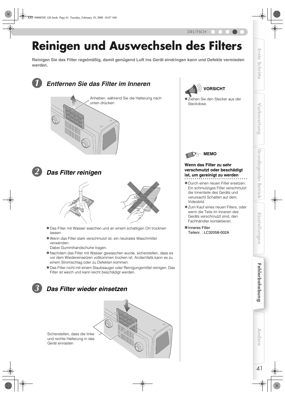 Reinigen und auswechseln des filters, S41), Ps41 | Entfernen sie das filter im inneren, Das filter reinigen, Das filter wieder einsetzen | Pioneer KRF-9000FD User Manual | Page 197 / 259