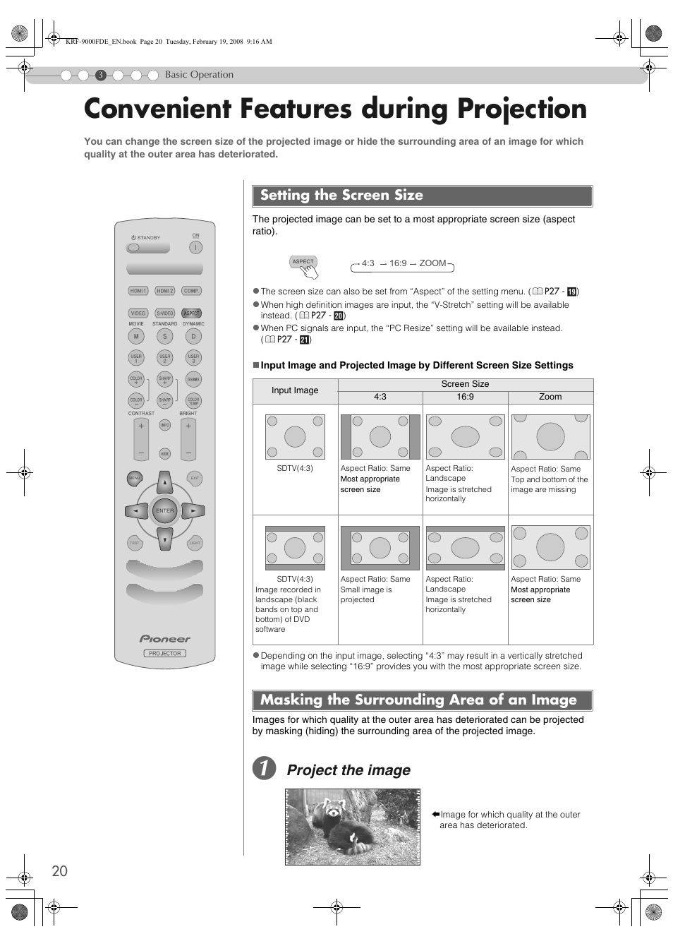 Convenient features during projection, Setting the screen size, Masking the surrounding area of an image | P20), Project the image | Pioneer KRF-9000FD User Manual | Page 20 / 259