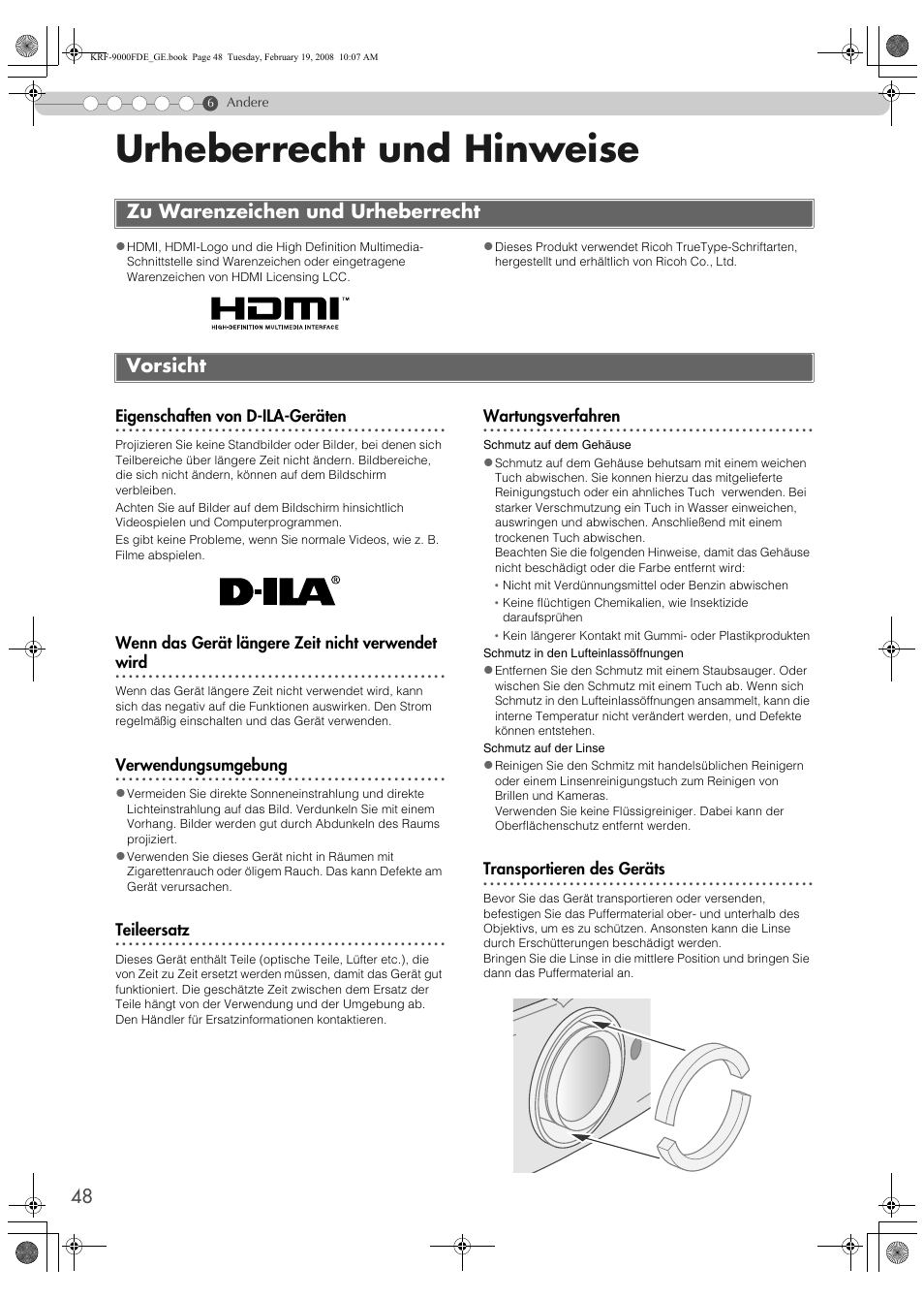 Urheberrecht und hinweise, Zu warenzeichen und urheberrecht, Vorsicht | Zu warenzeichen und urheberrecht vorsicht, Auf. (p, S48) | Pioneer KRF-9000FD User Manual | Page 204 / 259