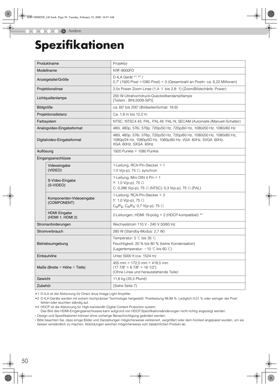 Spezifikationen, E „spezifikationen“. (p, S50) | Pioneer KRF-9000FD User Manual | Page 206 / 259