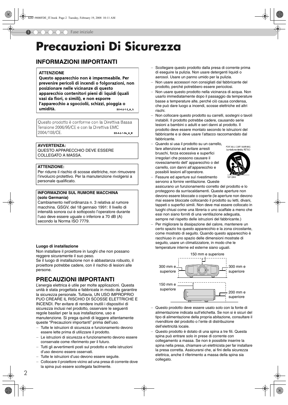 Fase iniziale, Precauzioni di sicurezza, Informazioni importanti | Precauzioni importanti | Pioneer KRF-9000FD User Manual | Page 210 / 259