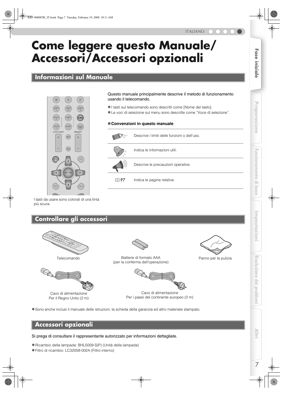 Informazioni sul manuale, Controllare gli accessori, Accessori opzionali | Come leggere questo manuale, Accessori/accessori opzionali, Controllare gli accessori accessori opzionali | Pioneer KRF-9000FD User Manual | Page 215 / 259