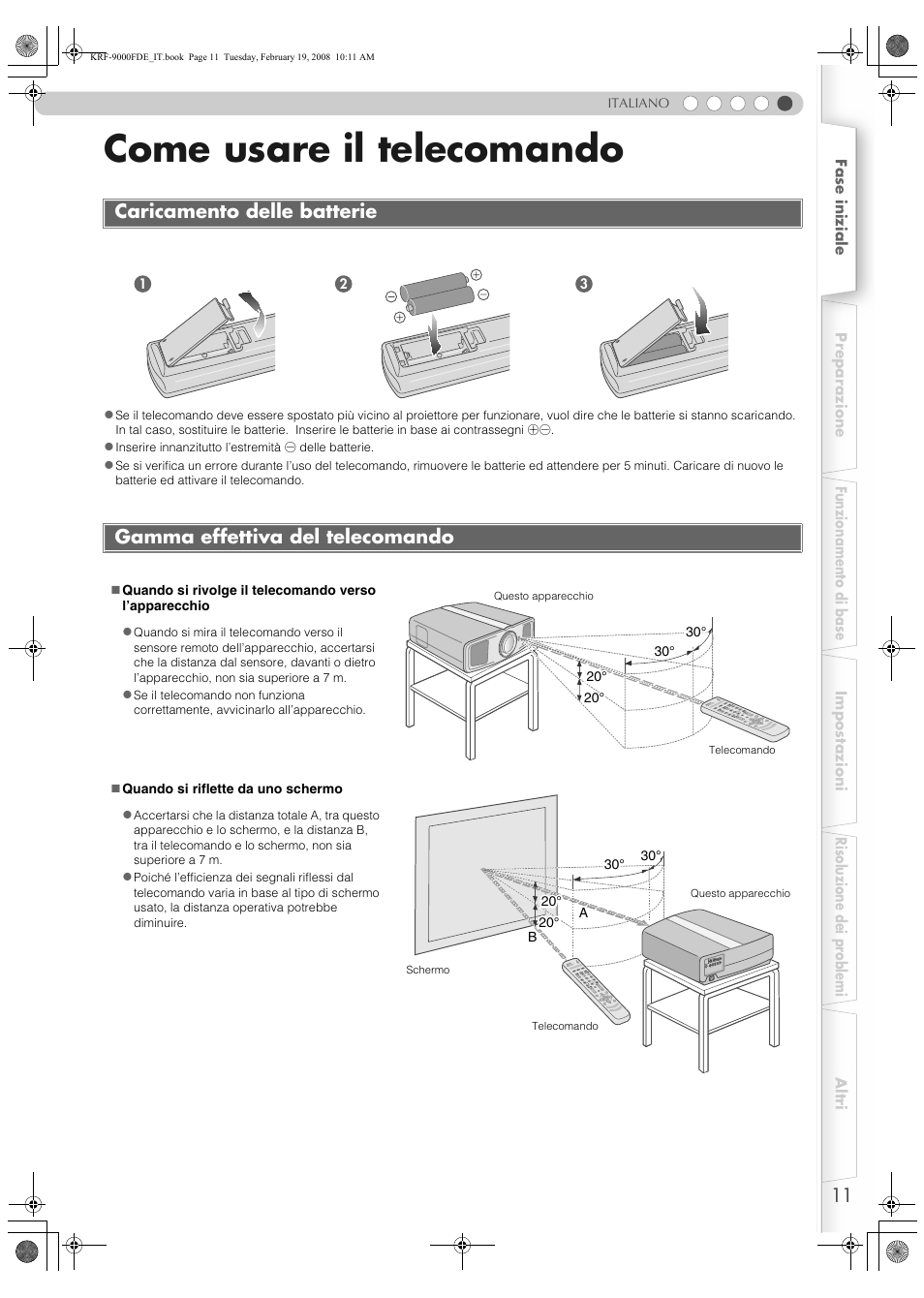 Come usare il telecomando, Caricamento delle batterie, Gamma effettiva del telecomando | Nsore remoto (p, P11) | Pioneer KRF-9000FD User Manual | Page 219 / 259