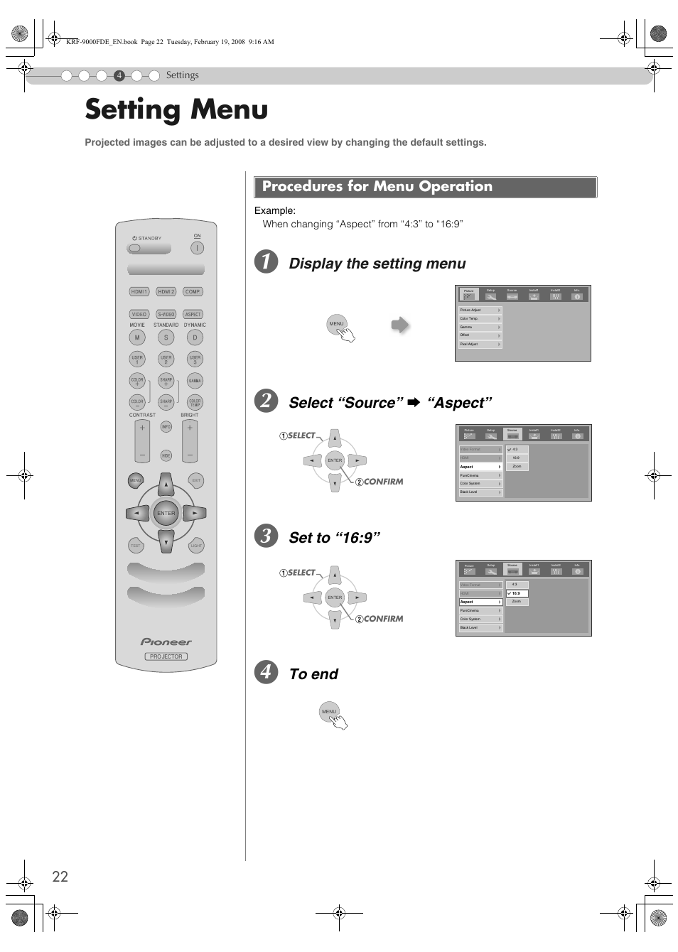 Settings, Setting menu, Procedures for menu operation | Ettings, P22), Display the setting menu, Select “source” g “aspect, Set to “16:9 | Pioneer KRF-9000FD User Manual | Page 22 / 259