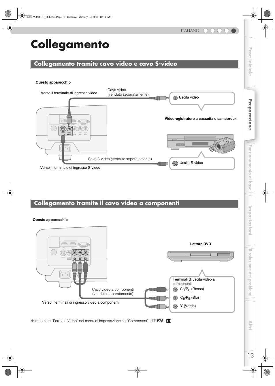 Collegamento, Collegamento tramite cavo video e cavo s-video, Collegamento tramite il cavo video a componenti | S-video (p, P13), Italiano | Pioneer KRF-9000FD User Manual | Page 221 / 259