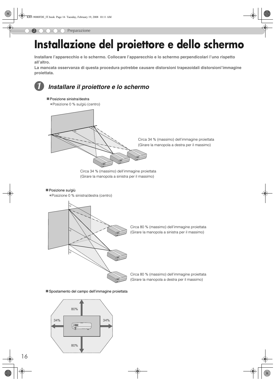 Installazione del proiettore e dello schermo, Installare il proiettore e lo schermo | Pioneer KRF-9000FD User Manual | Page 224 / 259