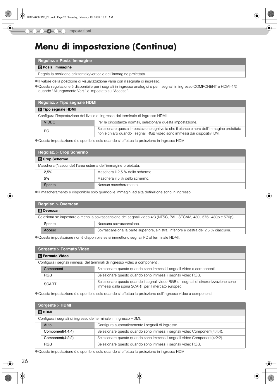 Formato video” n, Formato video, Menu di impostazione (continua) | Pioneer KRF-9000FD User Manual | Page 234 / 259