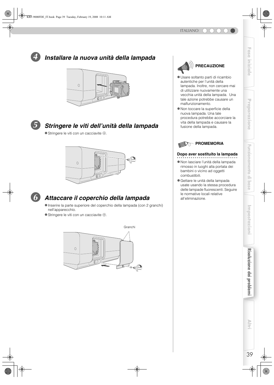 Pp39, Installare la nuova unità della lampada, Stringere le viti dell’unità della lampada | Attaccare il coperchio della lampada | Pioneer KRF-9000FD User Manual | Page 247 / 259