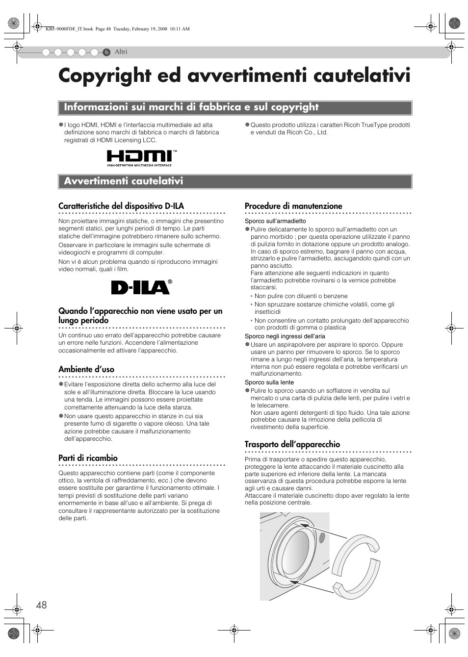 Copyright ed avvertimenti cautelativi, Avvertimenti cautelativi, P48) | Pioneer KRF-9000FD User Manual | Page 256 / 259